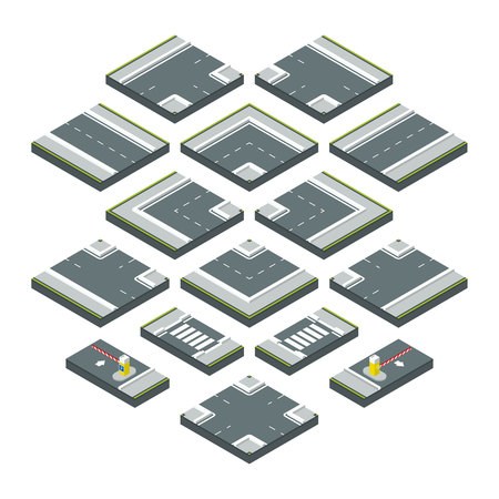 Isometric city elements road, grass and crossroads. Vector illustrations set isolate on white backgroundのイラスト素材