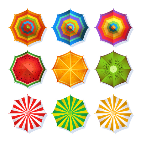 Top view picture of summer beach umbrella for relaxation. Colorful vector set isolate on whiteのイラスト素材