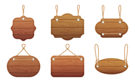 Hanging signs with wood texture isolate on white background. Vector illustration setのイラスト素材