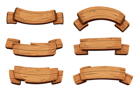 Cartoon brown wooden plate and ribbons. Vector set isolate on white backgroundのイラスト素材