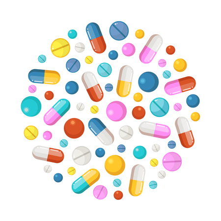 Healthy elements in circle shape background. Vector icons of drugs, long tablets and round pillsのイラスト素材