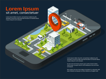 Vector 3d city concept picture. Different business buildings, roads, garden and other urban elementsのイラスト素材