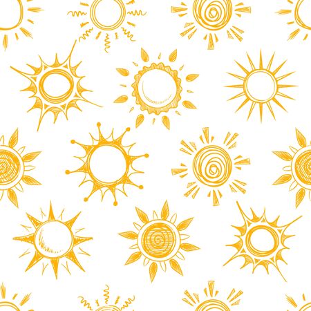 Funny yellow summer sun vector seamless pattern. Background with sun sketch, illustration of natural cartoon hot sunのイラスト素材