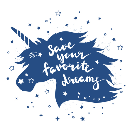 Vintage retro poster with silhouette of magic unicorn and inspiring phrase. Lettering vector illustration isolate on white backgroundのイラスト素材
