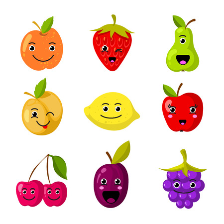 Cute kids fruit vector characters with funny smiling facesのイラスト素材