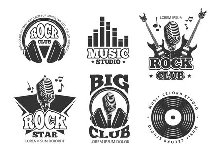 Retro audio record, studio sound vector labels, badges, logos, emblemsのイラスト素材