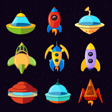 Cartoon vector fantastic ufo, spaceships and rockets vector setのイラスト素材