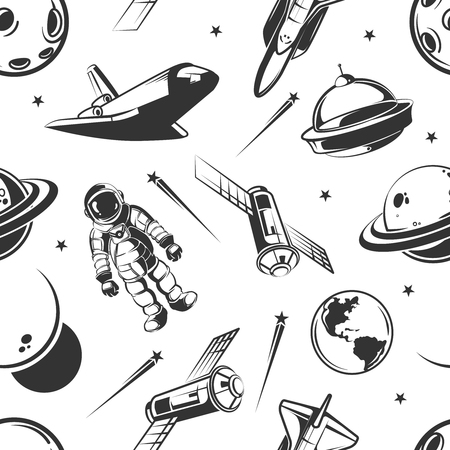 Astronaut space traveling vector seamless pattern in vintage styleのイラスト素材