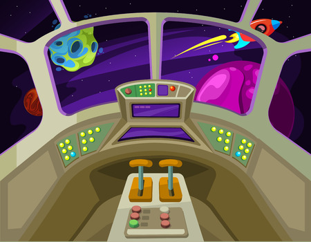 Cartoon spaceship cabin interior with windows into space with alien planets vector illustrationのイラスト素材