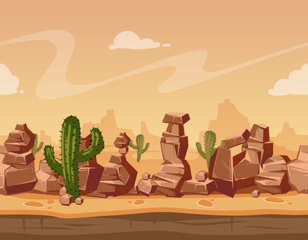 Vector cartoon horizontal seamless landscape with stones and cactus. Game wild background illustrationのイラスト素材