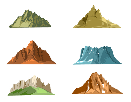 Nature landscapes with green hills and snow mountains cartoon vector setのイラスト素材