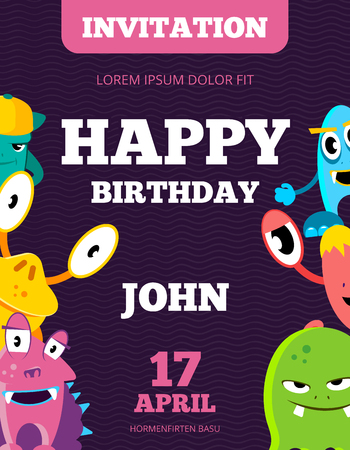 Children happy birthday invitation vector card with playful funny laughing monstersのイラスト素材