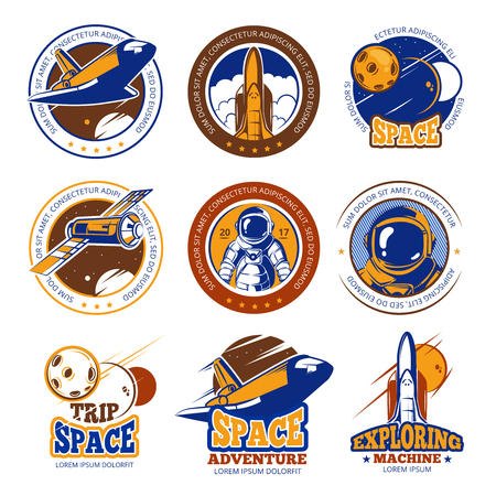 Astronaut flight, aviation, space shuttle and rockets vintage vector labels, logos, badges, emblemsのイラスト素材