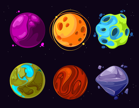 Space planets, asteroid, moon, fantastic world game vector cartoon iconsのイラスト素材
