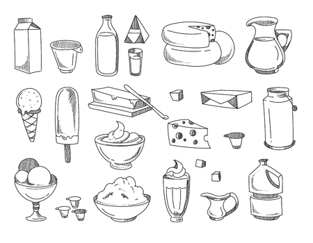 Doodle dairy and milk products. Vector hand drawn iconsのイラスト素材