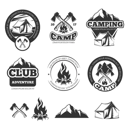 Nature vintage labels set for scout camp. Camping badges with tourist tent. Adventure vector illustrationsのイラスト素材
