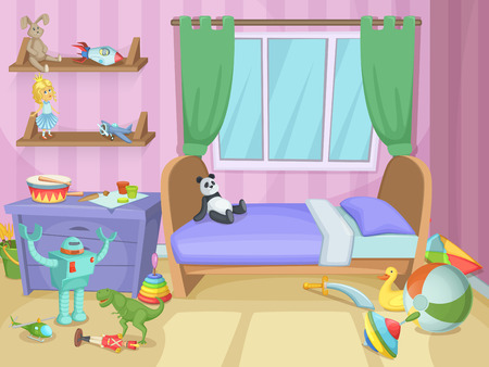 Room for kids with funny toys on the floor. Childrens playing. Vector illustrationのイラスト素材