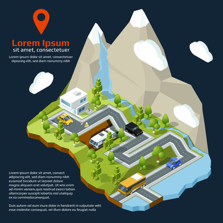 Vector isometric street. Urban elements on 3d map. Different houses set and roadsのイラスト素材