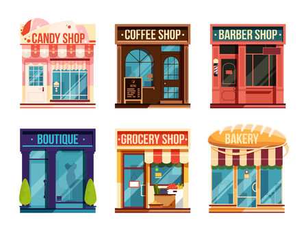 Urban stores set isolate on white background. Business retail. Vector illustrationのイラスト素材