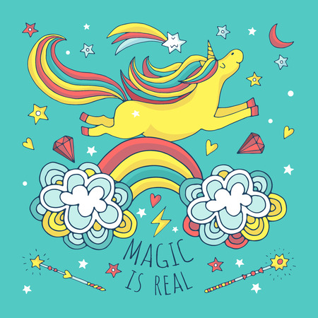 Magic vector background, poster with unicorn and rainbowのイラスト素材