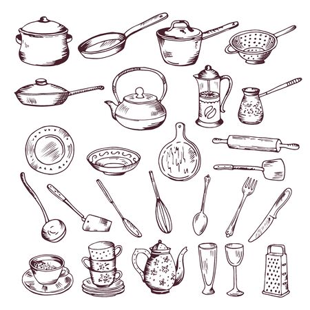 Hand drawn vector illustration of kitchen tools isolate on white backgroundのイラスト素材