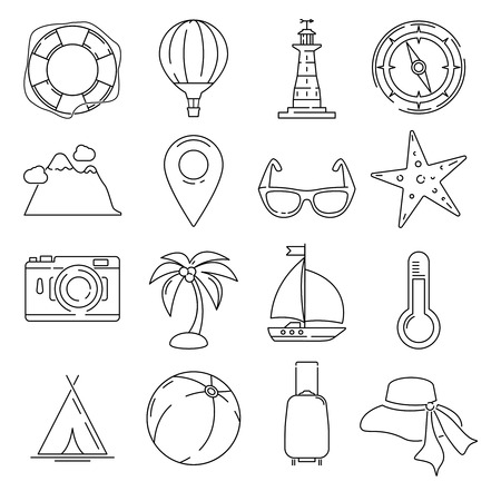 Outline summer or vacation vector icon set isolate on white background. Pool, sunset and leisure illustrationsのイラスト素材