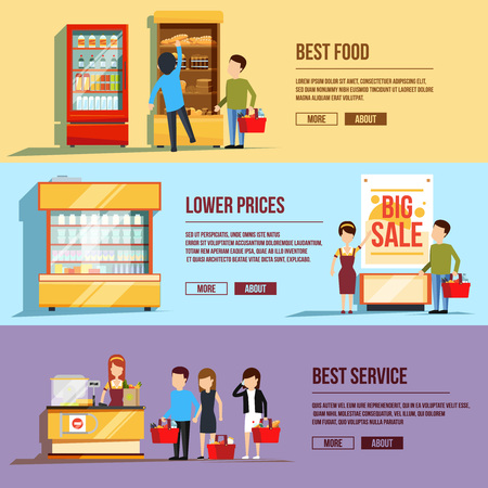 Three horizontal banners with shopping people. Flat vector illustration set of different shoppers.のイラスト素材