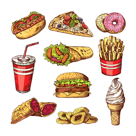 Fast food pictures. Burgers, cola sandwich hotdog and french fries. Hand drawn color vector illustrationsのイラスト素材