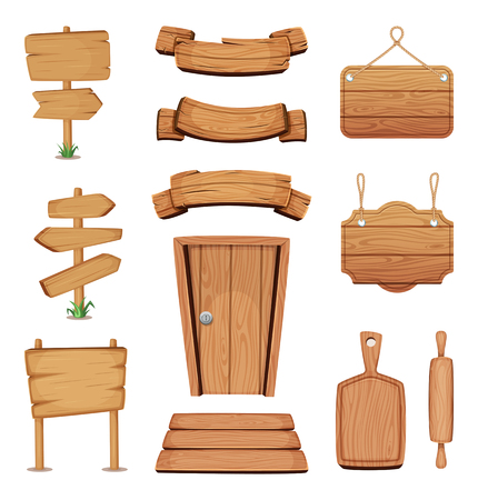 Vector illustration of wooden signboards, doors, plates and other different shapes with wood textureのイラスト素材