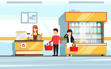 Saleswoman in supermarket interior. People standing in store checkout line. Vector flat illustration of mallのイラスト素材