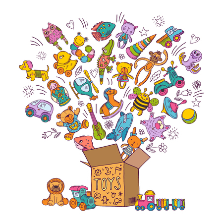 Childrens box for toys. Doodle pictures vector illustrationのイラスト素材