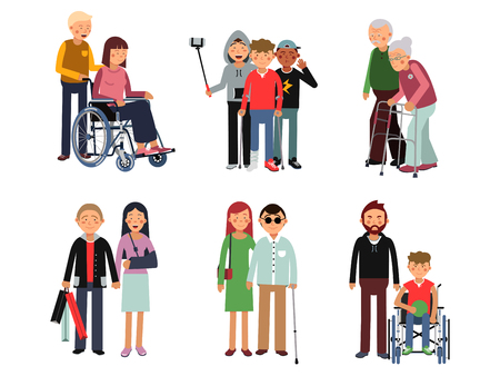 Disabled person with his helpful friends or volunteers. Vector flat style illustration of humansのイラスト素材