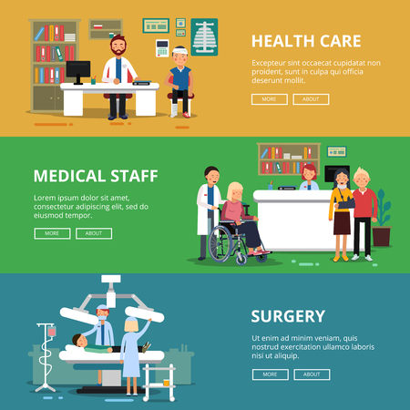Three horizontal vector banners of healthcare concept pictures. Medical rooms and offices in hospital. Patients and doctorsのイラスト素材