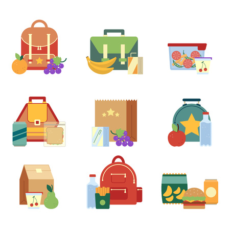 Lunch box and bag with healthy food for kids. Vector illustrations in flat styleのイラスト素材