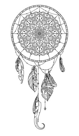 Hand drawn dreamcatcher with feather of birds. Vector illustrationのイラスト素材