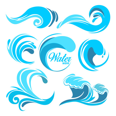 Water splashes and ocean waves. Vector graphic symbols for logo design. Wave water sea swirl, collection of nature, water wave illustrationのイラスト素材