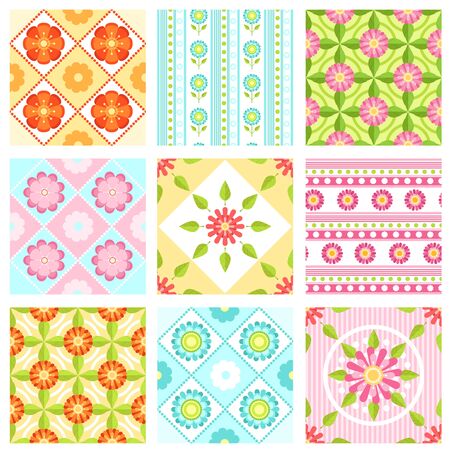 Set of floral seamless pattern with different flowers and leaves. Vector backgrounds in flat style. Background seamless flowers, illustration of floral flower pattern collectionのイラスト素材