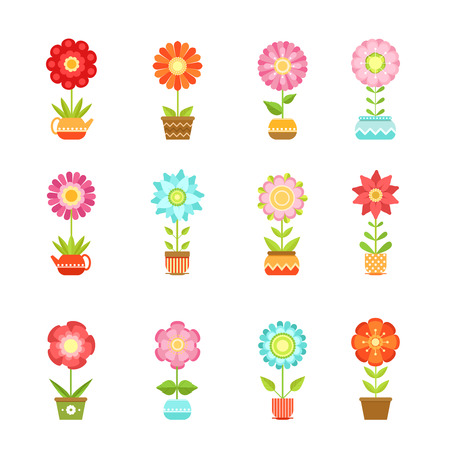 Vector flowers in different pots. Floral set isolate on white background. Color flowers plant, illustration of garden flowers in potのイラスト素材