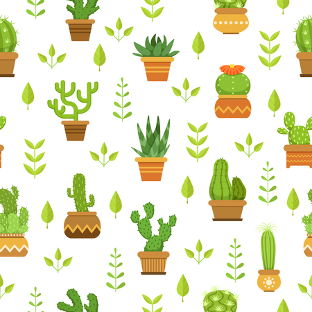 Desert plants with flowers. Cactus in pots. Vector seamless pattern with green cactus, illustration of background with tropical cactiのイラスト素材