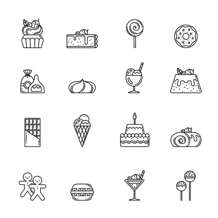 Desert vector icon set. Cupcake, sweets and other baking foods. Outline illustrations isolate on white backgroundのイラスト素材