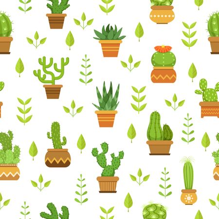 Desert plants with flowers. Cactus in pots. Vector seamless patternのイラスト素材