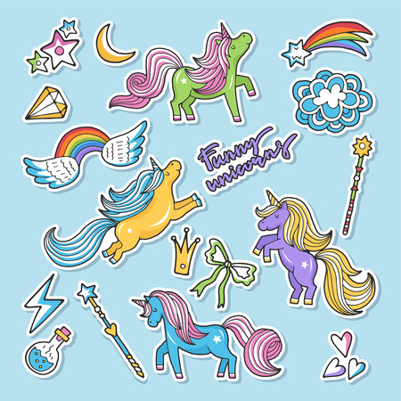 Fashioned vector stickers. Nineties retro style. Unicorn, rainbow an other magic elementsのイラスト素材