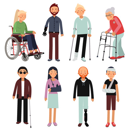 Flat style illustration set of disabled people in different poses. Vector pictures of hospital patients isolatedのイラスト素材