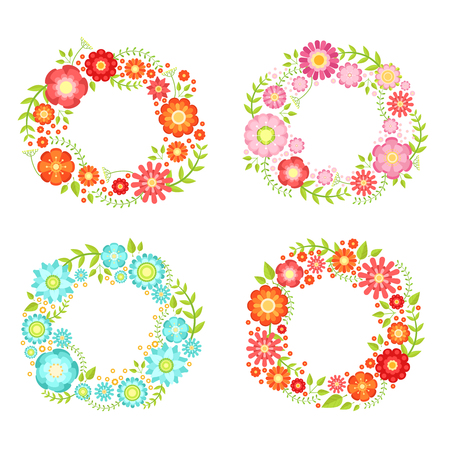 Floral frames in circle shapes with place for your text. Vector vintage collection. Frame of circle color flower, illustration of decorative ornamental frameのイラスト素材