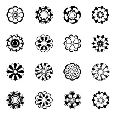 Monochrome floral icon set. Black vector flowers illustrations isolateのイラスト素材