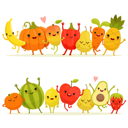 Cartoon fruits and vegetables in group. Vector happy mascots with smiling facesのイラスト素材