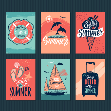 Summer, tropical postcards or retro posters with hand drawn letters. Vector illustrationのイラスト素材