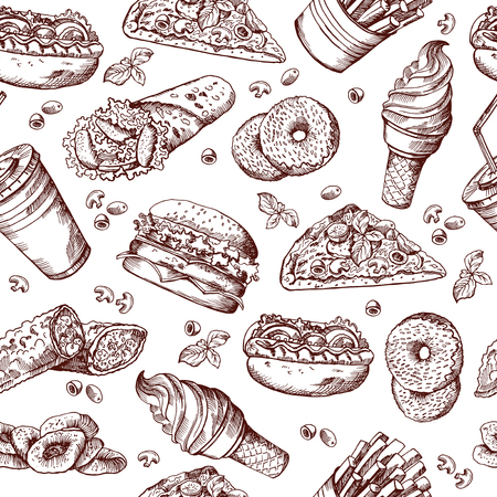 Fast food vector seamless pattern. Hand drawn illustration of hamburger sandwich cola and french fries.のイラスト素材