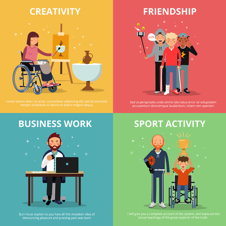 Concept pictures of disabled people rehabilitation. Human friendship. Vector banner setのイラスト素材