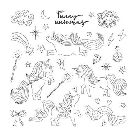 Magic funny icon set. Children doodle style. Wizard, unicorn and miracle.のイラスト素材